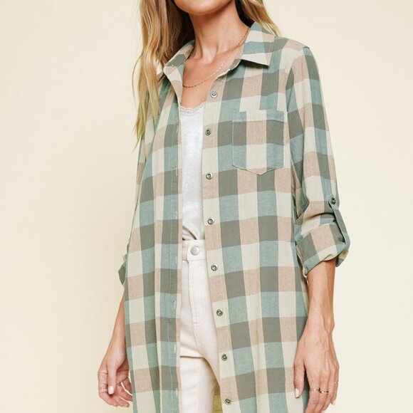 MYSTREE Plaid Button-Up Shirt Dress Shacket, Sage Green & Taupe Check Frayed Hem - Picture 6 of 7